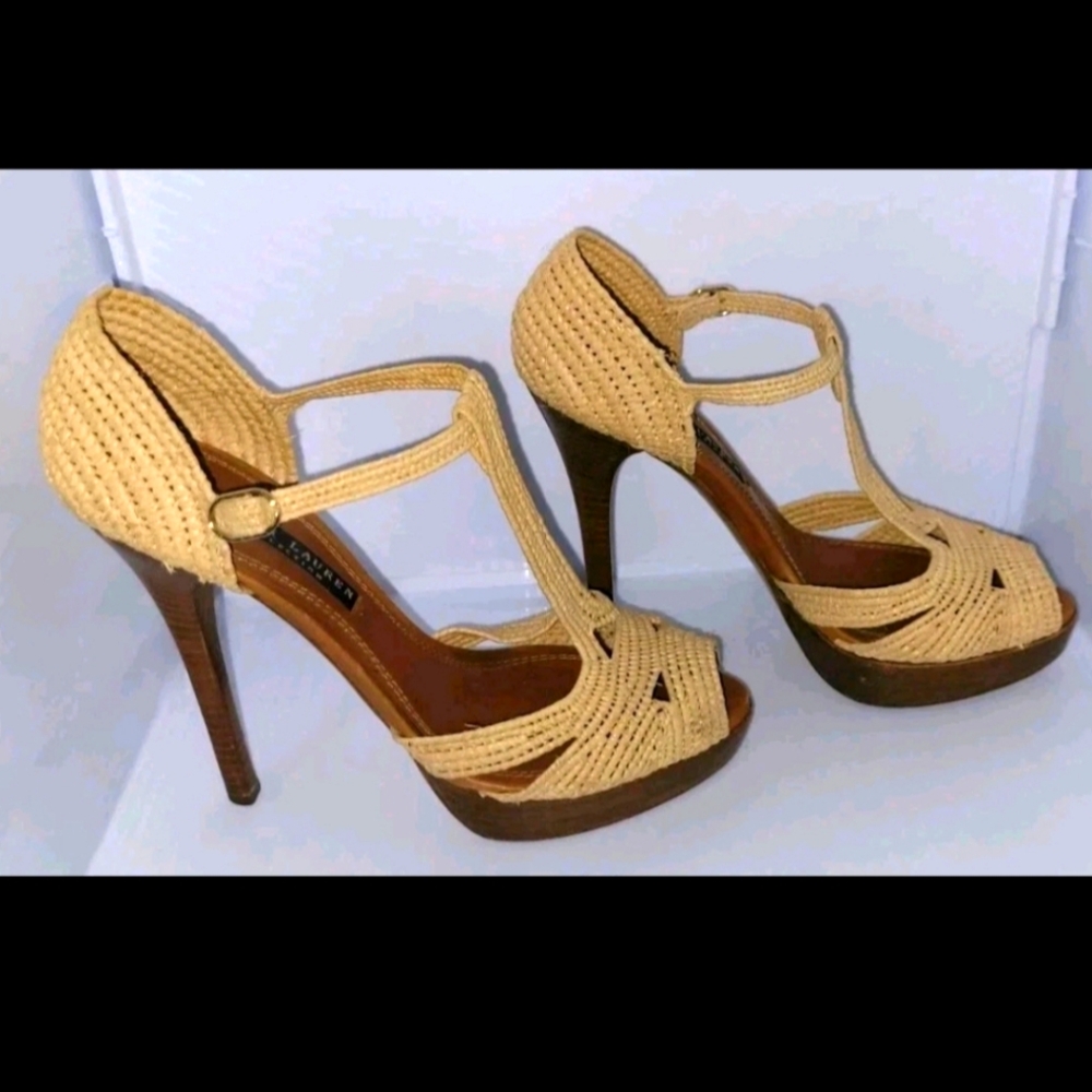 Ralph Lauren Purple💜 Label Jedina Natural Raffia 5" Stacked Stiletto Platform